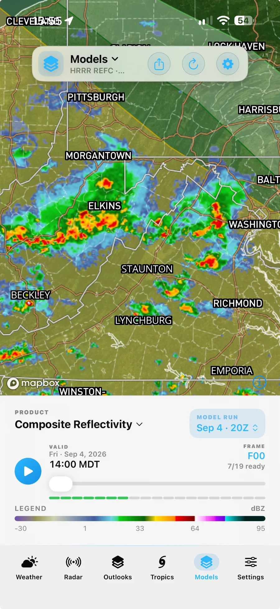 Mammatus Weather HRRR composite reflectivity forecast model over the Mid-Atlantic