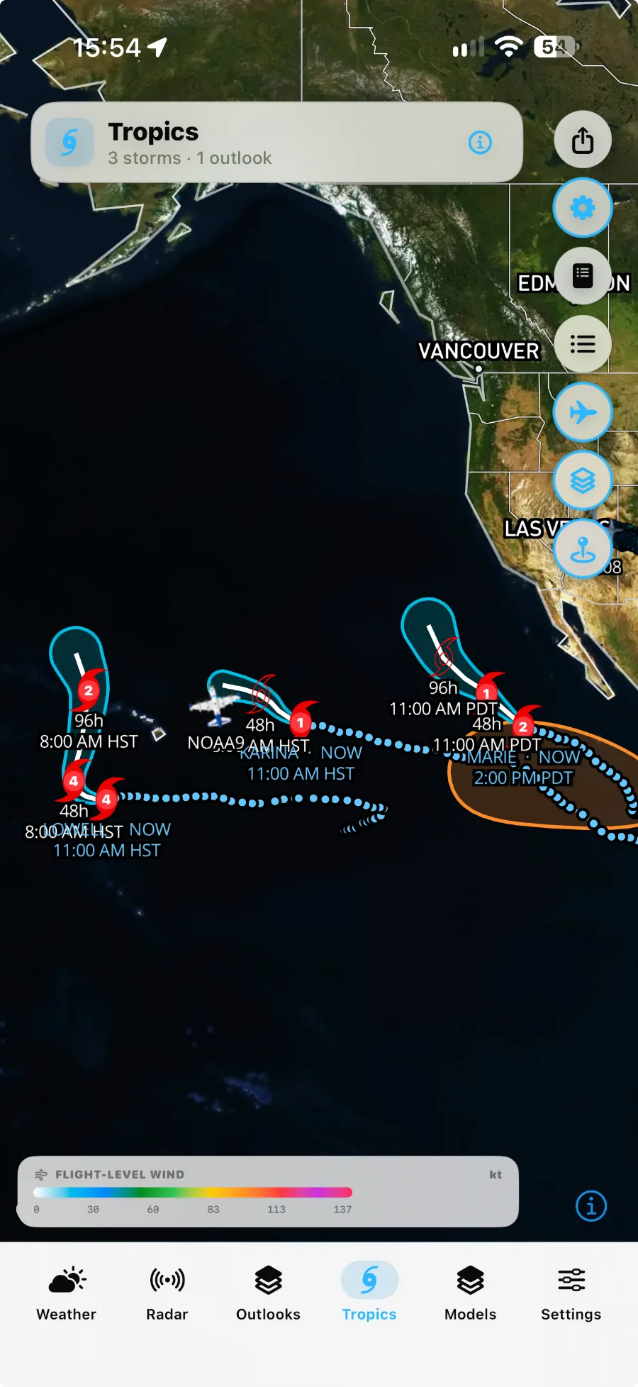 Mammatus Weather tropical tracker showing active Pacific storms, forecast tracks, and reconnaissance aircraft