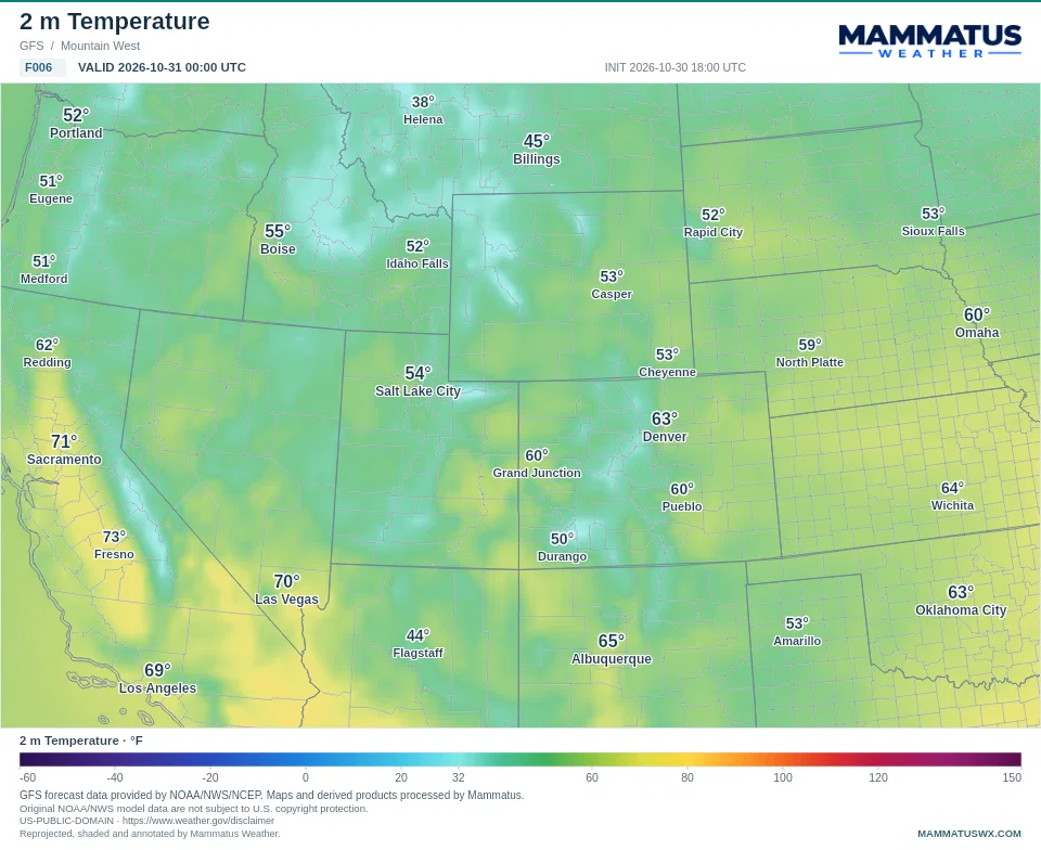 Mammatus GFS 2 m temperature map for the Mountain West: initialization October 30, 2026 at 18 UTC, forecast hour 6, valid October 31 at 00 UTC, with source credits and a Fahrenheit legend